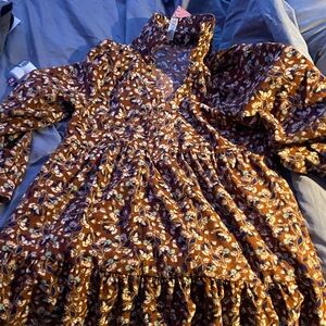 Elegant Asymmetrical Floral Dress in Brown